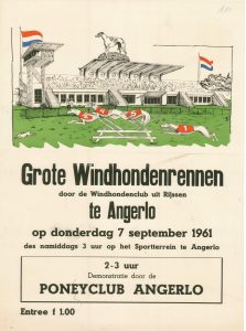 B80 Windhondenclub uit Rijssen Grote windhondenrennen met demonstratie door Ponyclub Angerlo Donderdag 7 september 1961 Sportterrein, Angerlo