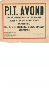 C27 Protestants Interkerkelijk Thuisfront Doesburg P.I.T. avond, spreker ds. J. Van de Giesen (vlootpredikant) Donderdag 16 december Nederlands Hervormde kerk, Doesburg